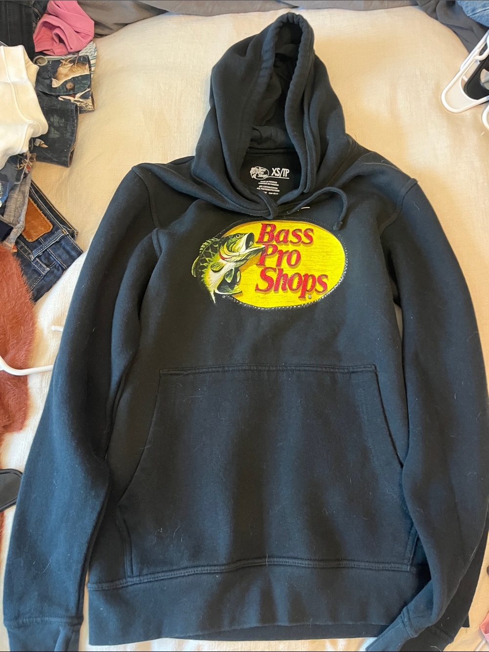 Bass Pro Shops Black Hoodie with Yellow Logo and Green Fish Graphic